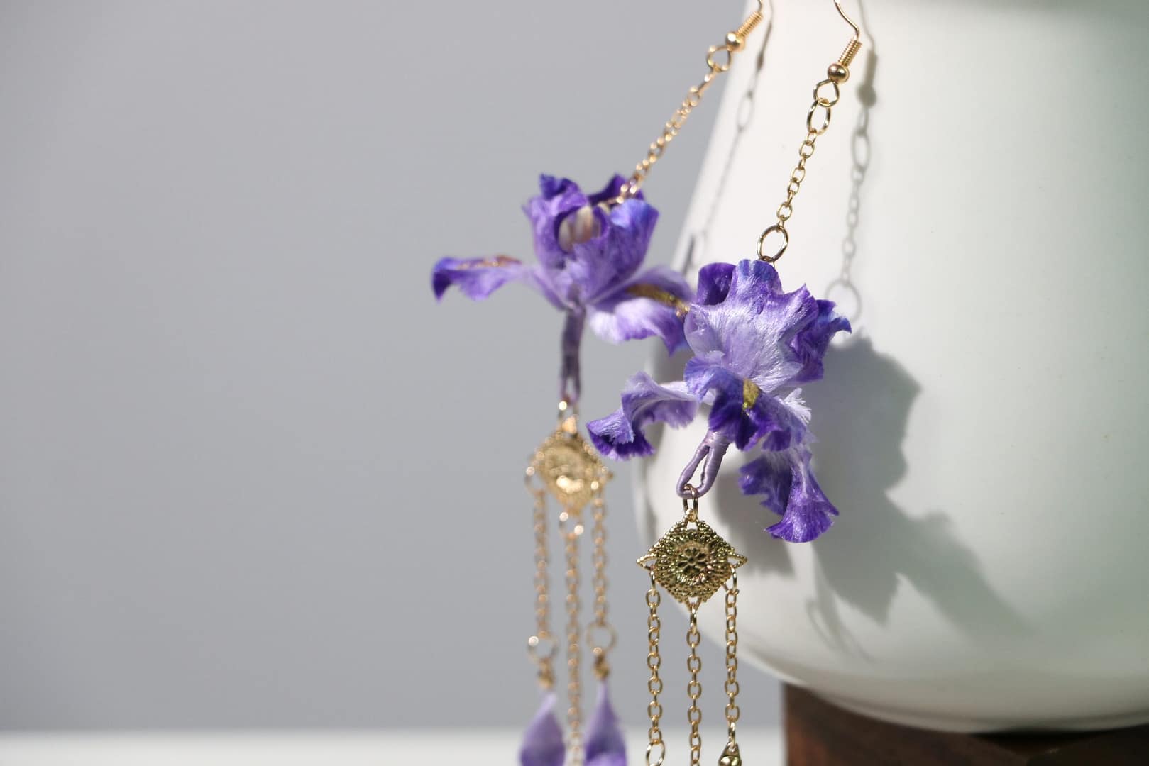 Handmade Iris Long Drop Earrings – Silk Purple Floral Jewelry