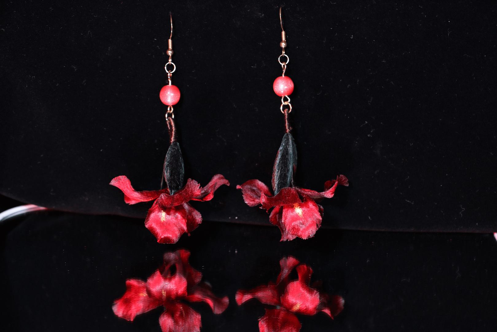 handmade earrings, red iris earrings, silk flower jewelry iris