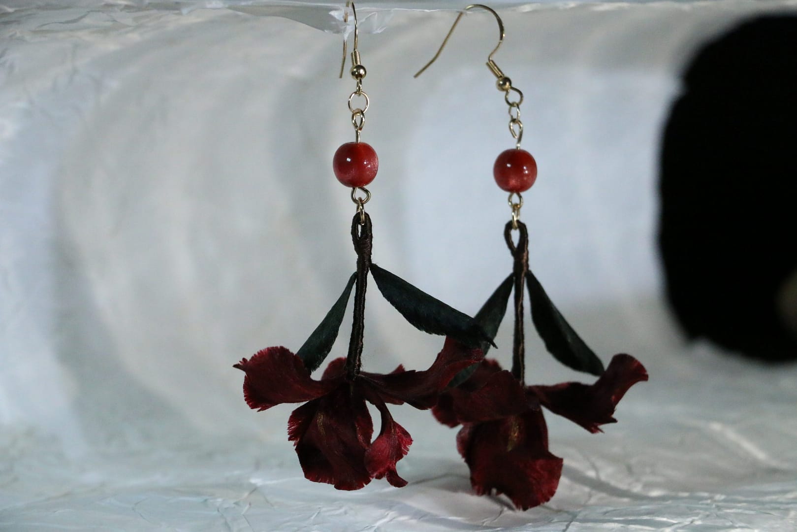 handmade earrings, red iris earrings, silk flower jewelry iris