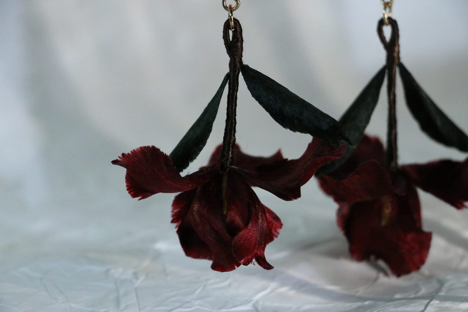 handmade earrings, red iris earrings, silk flower jewelry iris